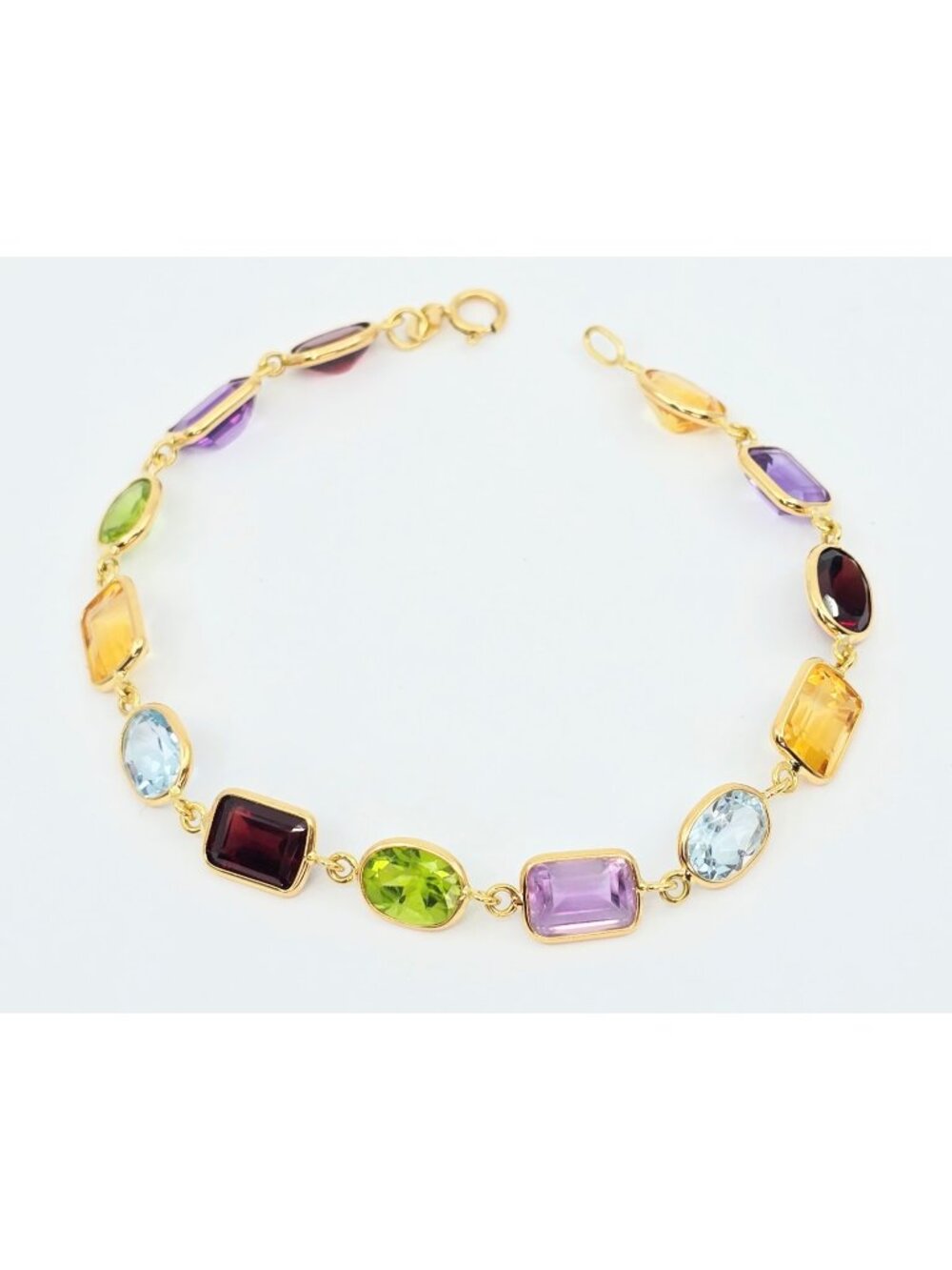 Beautiful 18K Solid Yellow Gold Multi Colored Gemstone Link Bracelet - 7" Length